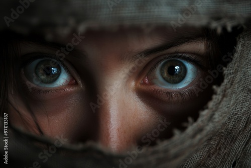 An intense close-up of wide, piercing eyes looking through a piece of fabric, creating a sense of mystery, curiosity, and focus, emphasizing the emotion conveyed through eyes