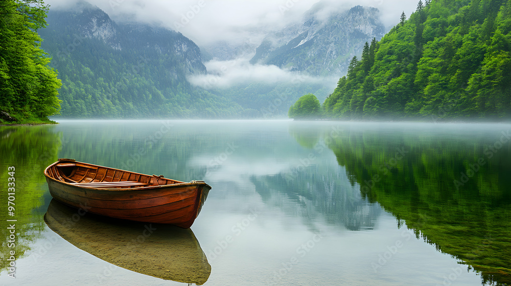 Serene lake scene with a wooden rowboat, surrounded by misty mountains and lush green forests. Serene lake scene with a wooden rowboat, surrounded by misty mountains and lush green forests.