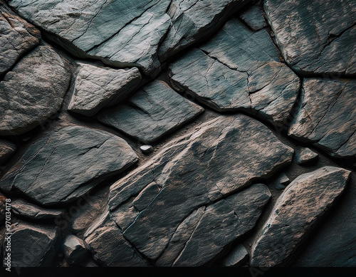 A close-up of a rough stone surface, with cracks and uneven textures. The earthy, raw feelin photo