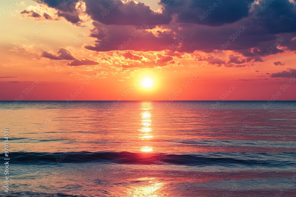 A vivid sunset over a serene ocean with the sky glowing in rich hues of orange, pink, and red, reflected on the water, creating a calm and peaceful setting. A vivid sunset over a serene ocean with the sky glowing in rich hues of orange, pink, and red, reflected on the water, creating a calm and peaceful setting.