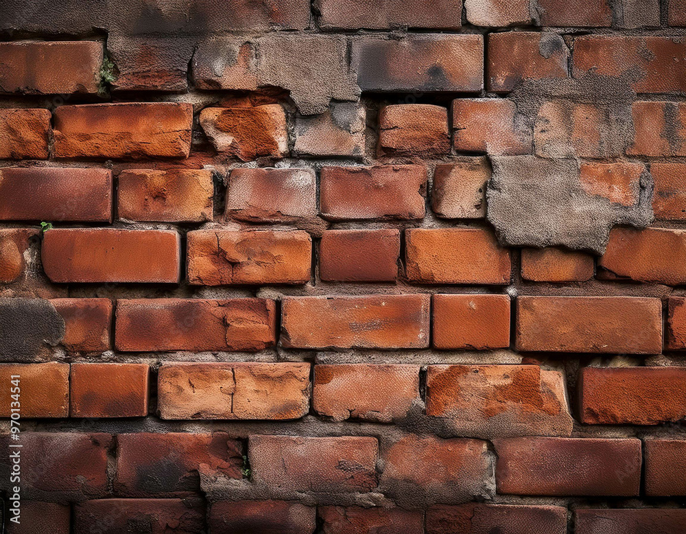 Fototapeta premium A close-up of a weathered brick wall, with cracks, chips, and uneven mortar. The texture fee