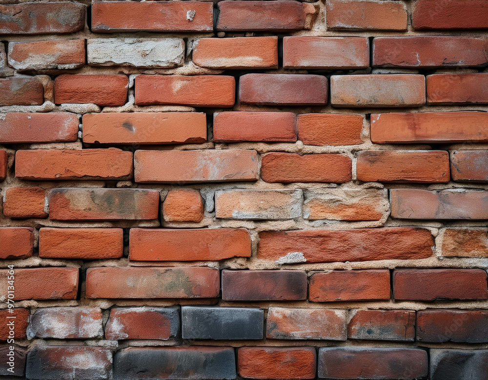 Obraz premium A close-up of a weathered brick wall, with cracks, chips, and uneven mortar. The texture fee
