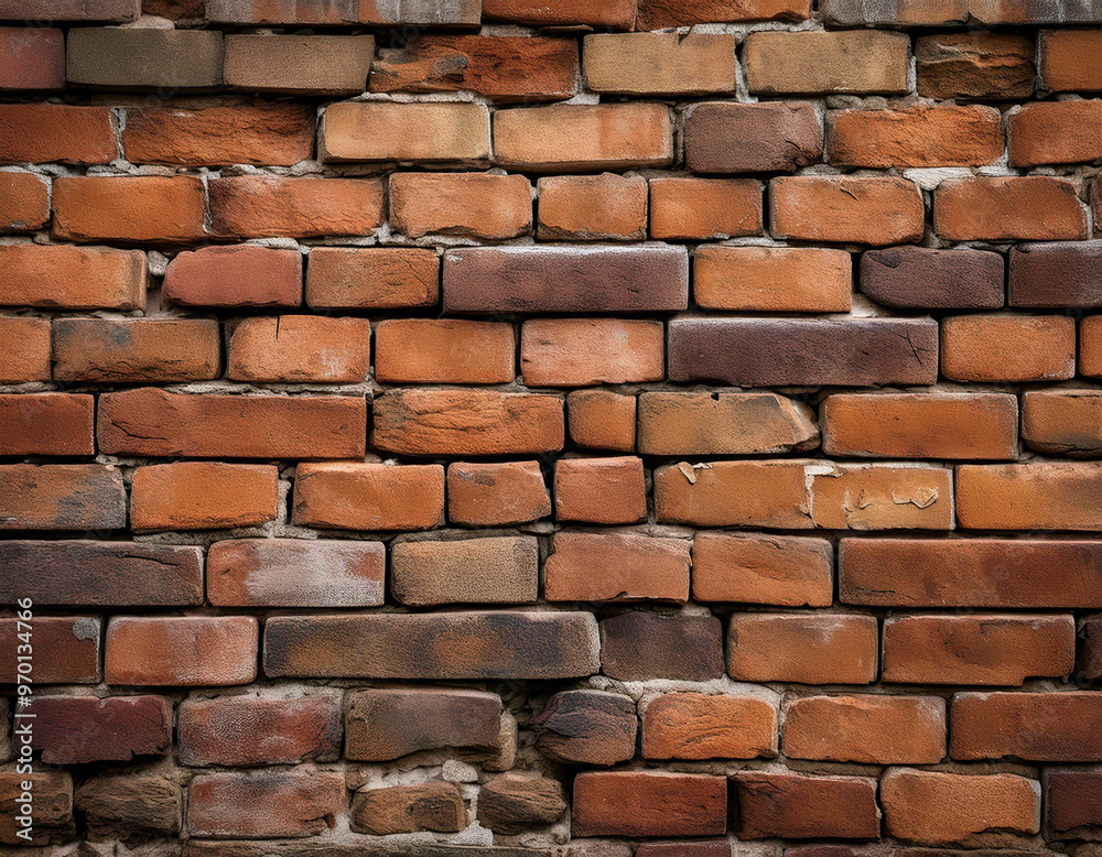 Fototapeta premium A close-up of a weathered brick wall, with cracks, chips, and uneven mortar. The texture fee