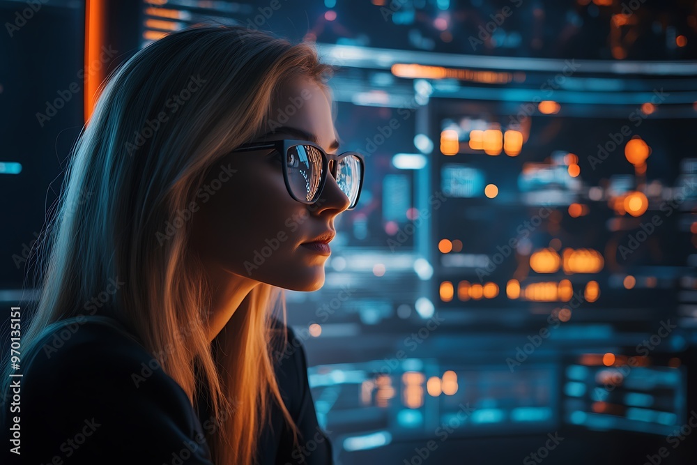 Naklejka premium Young Woman in Glasses Looking at Digital Interface, Futuristic Technology Concept