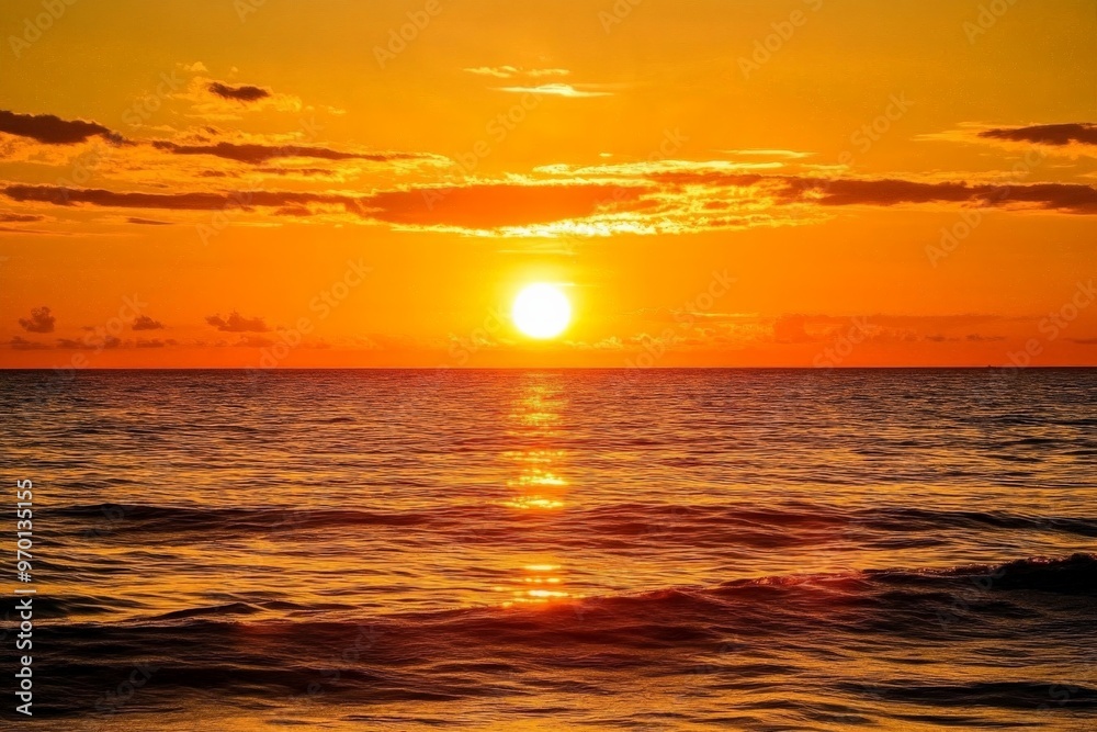 Fototapeta premium A captivating golden sunset over a calm sea with orange hues reflecting off the water, delivering a serene and tranquil scene that highlights nature’s spectacular beauty.