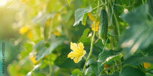 Cucumber plants climbing along trellis in garden Close up of cucumber flower on trellis photo