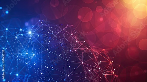 A vibrant abstract background with interconnected nodes and glowing bokeh effects, representing technology and data visualization.