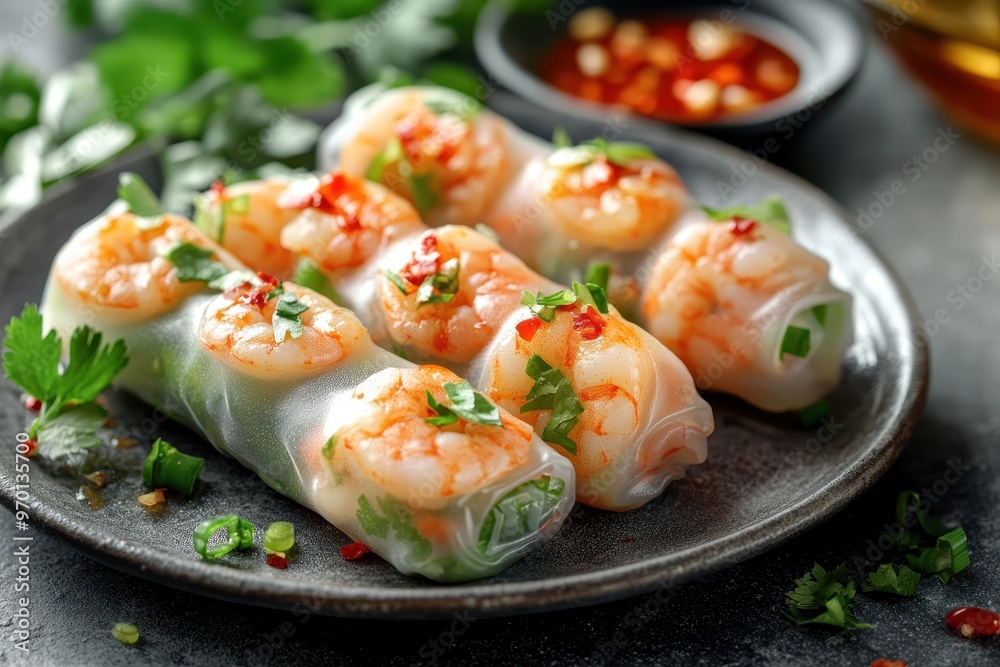 Shrimp spring rolls with sweet chili sauce Asian style Shrimp spring rolls with sweet chili sauce Asian style