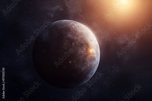 Gray Rocky Planet Orbiting a Star, Cosmic Landscape With Exoplanet, Space Exploration Concept