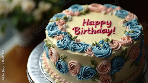 "Happy birthday!" written in cream on cake on blurred background party, celebration, chocolate sweet dessert, treat, holiday, biscuit, decoration, festive card, congratulation, food, lights, bokeh