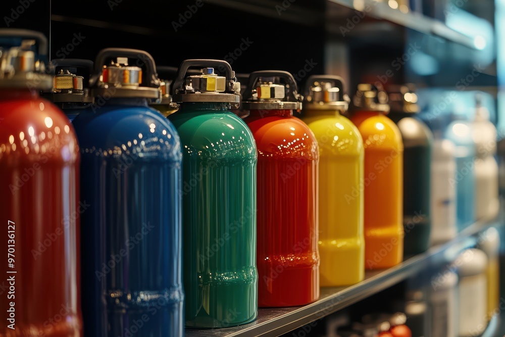 Silver refrigerant tanks showcased in a store Silver refrigerant tanks showcased in a store
