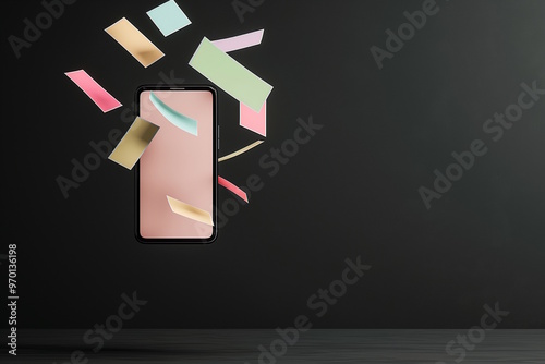 Colorful paper slips floating around a smartphone, representing digital promotions or notifications. Concept for Cyber Monday or online shopping events photo