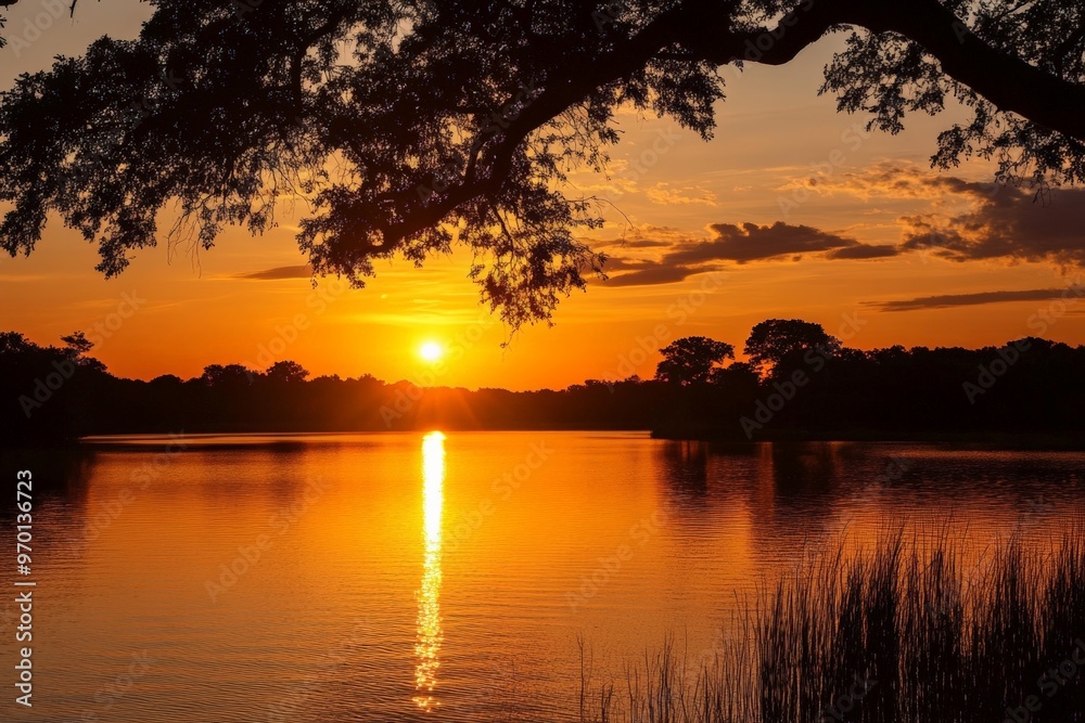 This image portrays a serene sunset over a lake, with the sun reflecting off the water, silhouetted trees and a peaceful ambiance highlighting the beauty of nature. This image portrays a serene sunset over a lake, with the sun reflecting off the water, silhouetted trees and a peaceful ambiance highlighting the beauty of nature.