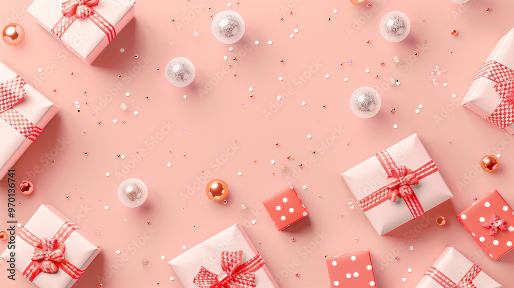 light red christmas background with gifts and baubles light red christmas background with gifts and baubles
