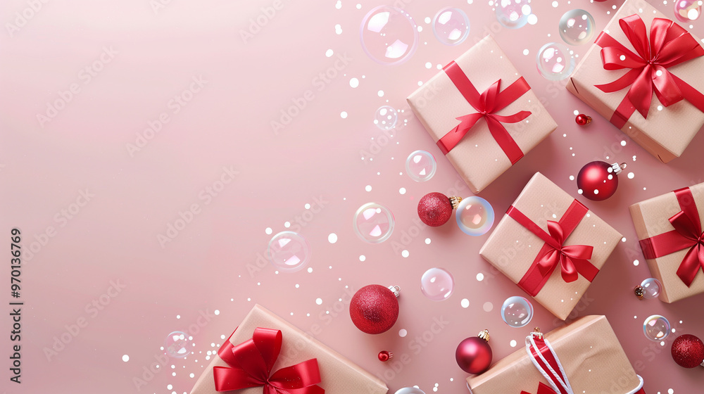 Pink christmas background with gifts and baubles Pink christmas background with gifts and baubles
