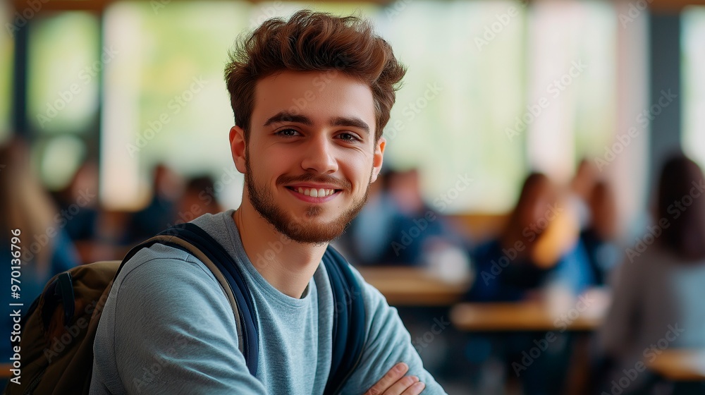 Obraz premium smiling male student sitting in the hall of university