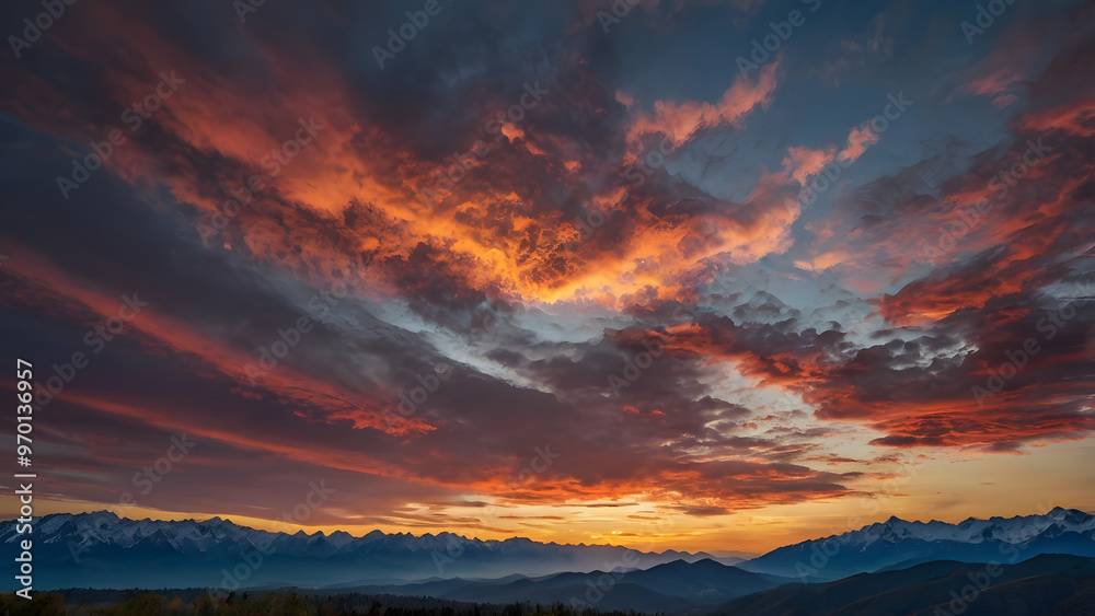 A lively sunrise with mountains, clouds, and a crescent moon under a dramatic sky: the concept of a breathtaking landscape generative ai A lively sunrise with mountains, clouds, and a crescent moon under a dramatic sky: the concept of a breathtaking landscape generative ai