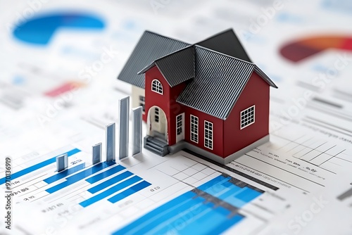 Real estate market growth, house model on financial charts