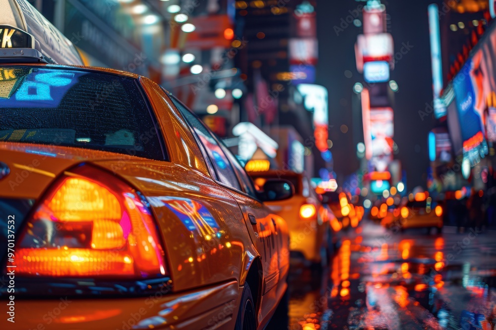 Yellow taxi cab on a rainy night, reflecting neon lights on wet streets. Yellow taxi cab on a rainy night, reflecting neon lights on wet streets.
