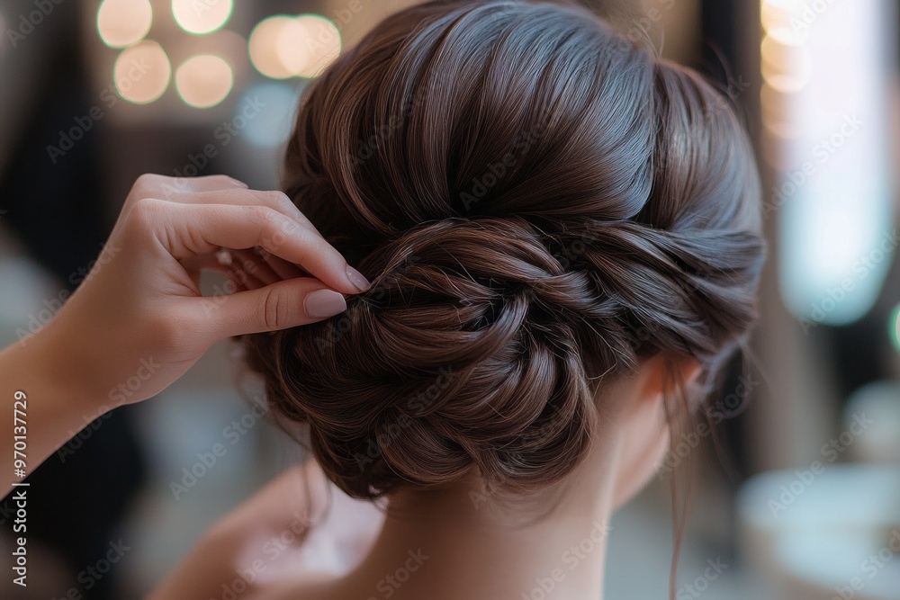 Naklejka premium Close-up shots of a hair stylist crafting an elegant updo for a special occasion,