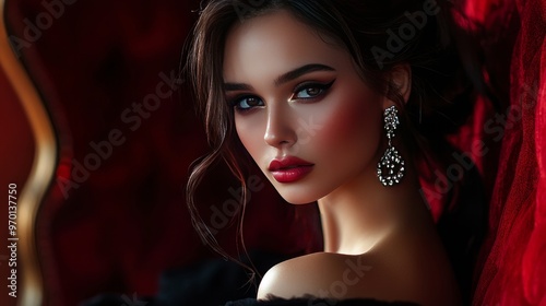 Fashion interior image of a stunning woman wearing earrings and dark hair