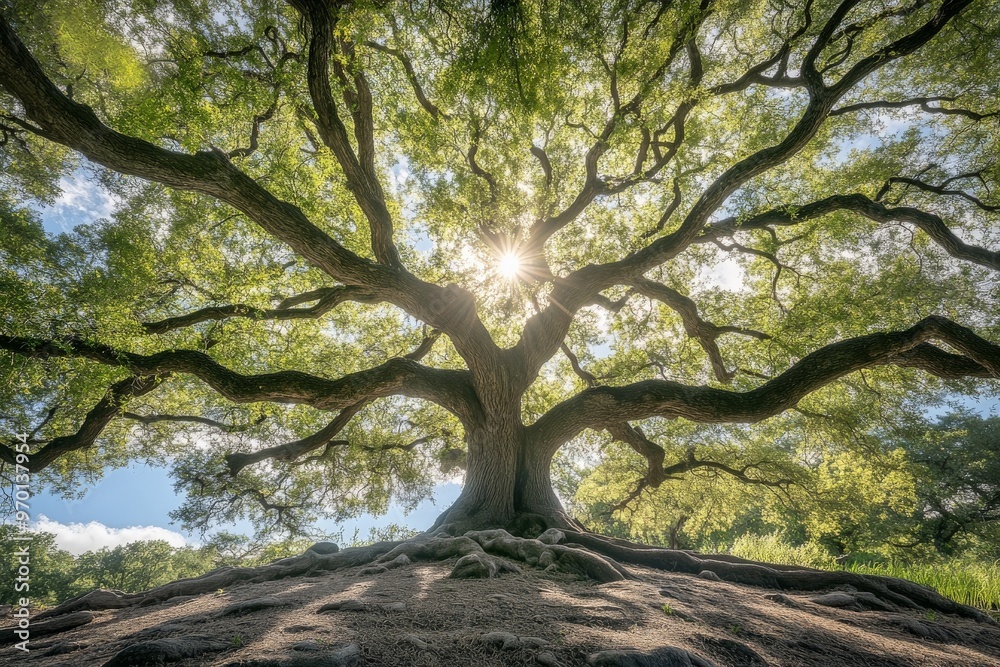 Fototapeta premium A magnificent oak tree with sprawling branches, sunlight piercing through its leaves, creating a serene and timeless natural scene full of life and tranquility.