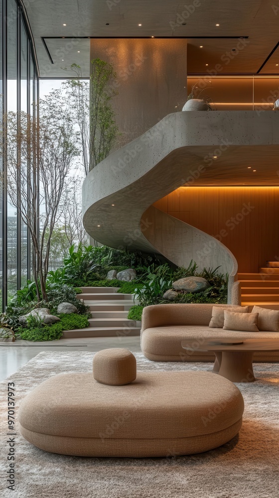 serene openplan office with lush indoor garden ergonomic furniture in muted tones natural light flooding space serene openplan office with lush indoor garden ergonomic furniture in muted tones natural light flooding space