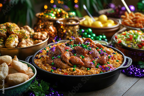 A table beautifully arranged with traditional Mardi Gras foods, including gumbo, jambalaya, and beignets, is enhanced by festive decorations in the background.