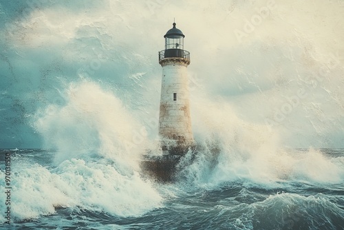 Powerful waves crash against a solitary lighthouse standing firm beneath a cloudy sky, representing strength and perseverance in the face of adversity, depicted in striking colors.