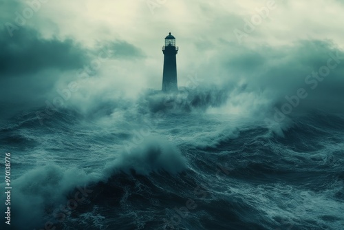 A breathtaking image of a lighthouse amid stormy weather with raging sea waves, embodying the fierce power of nature and the lighthouse's guiding presence and enduring strength.