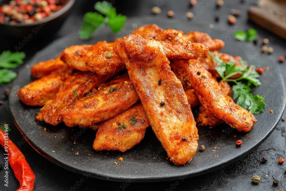 Spiced chicken jerky made from fillet cuts Spiced chicken jerky made from fillet cuts