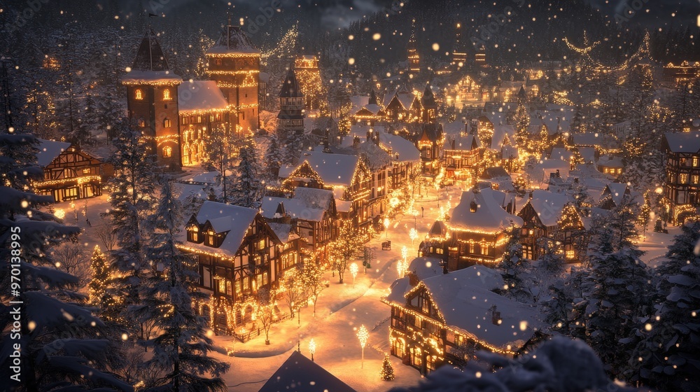Naklejka premium Enchanting Christmas Wonderland - Magical Town Blanketed in Sparkling Snow and Twinkling Lights