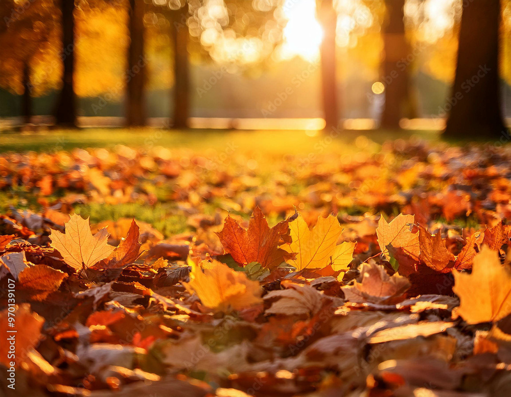 A close-up of fallen autumn leaves covering the ground in a park, with rich shades of orange A close-up of fallen autumn leaves covering the ground in a park, with rich shades of orange