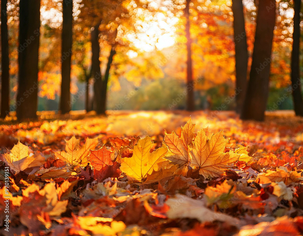 A close-up of fallen autumn leaves covering the ground in a park, with rich shades of orange A close-up of fallen autumn leaves covering the ground in a park, with rich shades of orange