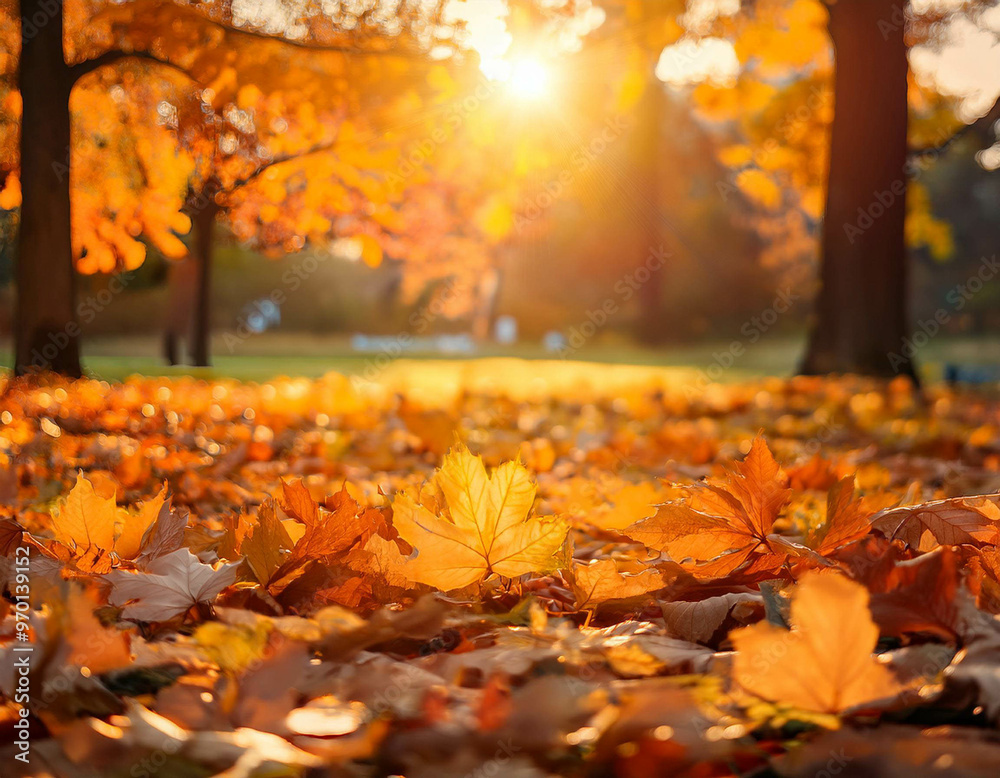A close-up of fallen autumn leaves covering the ground in a park, with rich shades of orange A close-up of fallen autumn leaves covering the ground in a park, with rich shades of orange