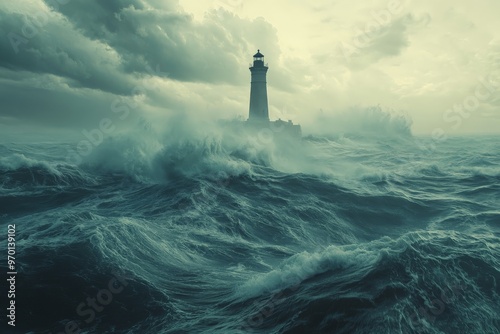 A solitary lighthouse endures relentless waves and a tumultuous storm, symbolizing human persistence and steadfastness against the raw, unyielding forces of nature. photo