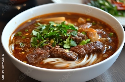 Spicy beef noodle soup from Vietnam Bun Bo Hue Vietnamese food