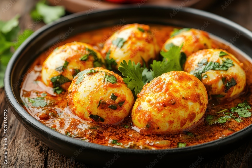 Spicy Indian curry eggs on a plate close up