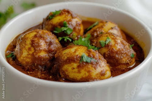 Spicy Indian egg roast in white bowl on white background