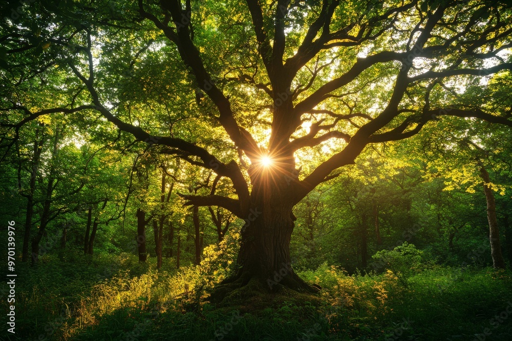 A tranquil image of sunlight penetrating through the branches of a massive and majestic tree in a lush green forest, evoking serenity and the beauty of nature. A tranquil image of sunlight penetrating through the branches of a massive and majestic tree in a lush green forest, evoking serenity and the beauty of nature.