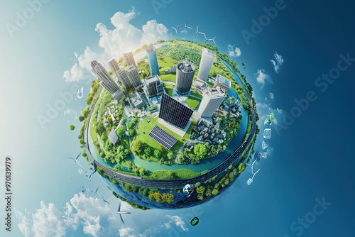 3D rendering of Earth with a green city and wind turbines, eco friendly environment, Landscapes with Eco Urban Cities, Earth Day