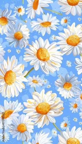 Daisy Floral Pattern, White Daisies, Yellow Center, Blue Background, Spring Flowers, Floral Design