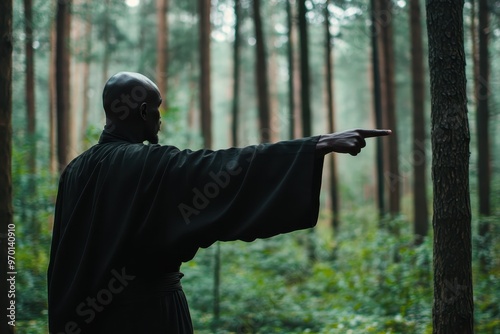 The dark monk gesturing in forest photo