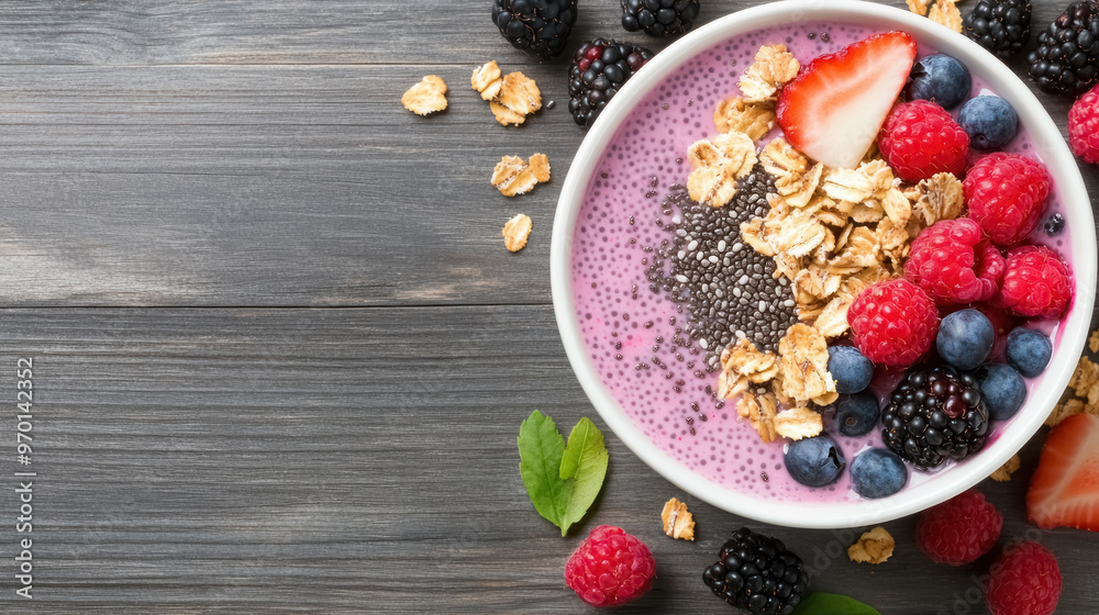 healthy fruit bowl with chia seeds and mixed berries on wooden table, with copy space for text healthy fruit bowl with chia seeds and mixed berries on wooden table, with copy space for text
