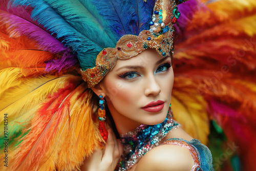 A radiant woman in a stunning, multi-colored costume adorned with feathers and beads poses confidently against a festive backdrop during Mardi Gras, showcasing the essence of fashion photography.