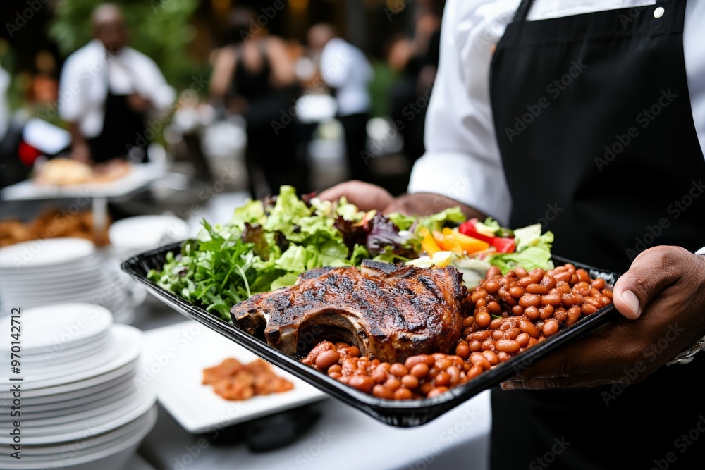 A focused shot of a waiter carrying a tray brimming with perfectly grilled meats, baked beans, and a variety of fresh salad, ready to be served at a bustling outdoor event. A focused shot of a waiter carrying a tray brimming with perfectly grilled meats, baked beans, and a variety of fresh salad, ready to be served at a bustling outdoor event.