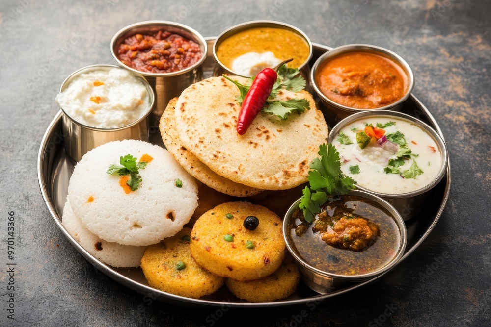 Variety of South Indian dishes like idli vada uttapam upma with sambar and chutney Variety of South Indian dishes like idli vada uttapam upma with sambar and chutney