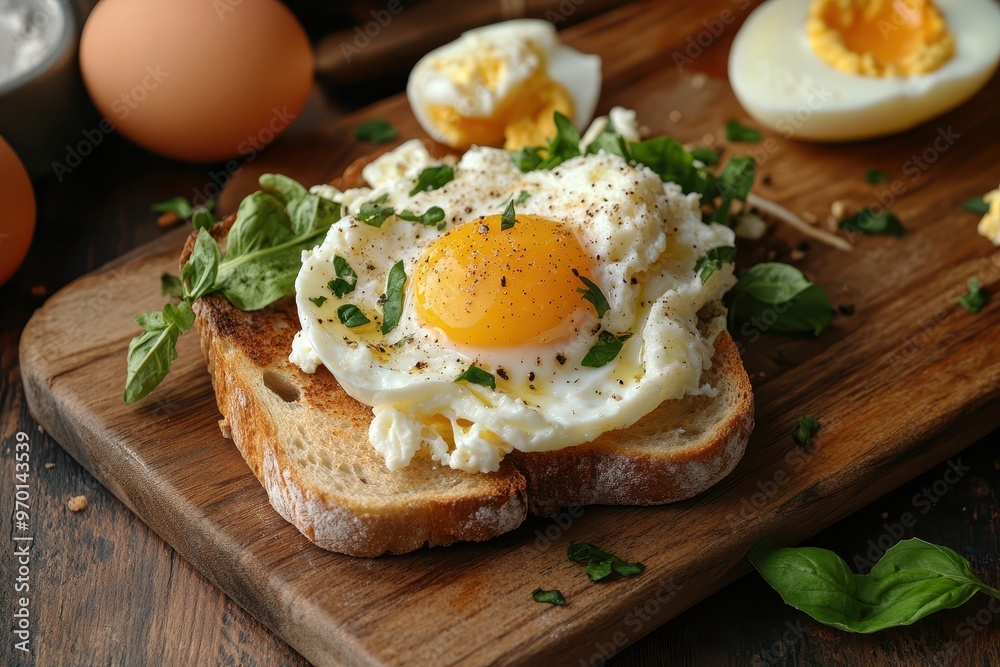 Various eggs on toast on a board top view