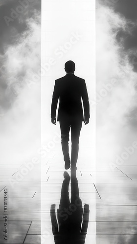silhouette of man walking away clean white background minimalist composition strong contrast anonymous figure conceptual image