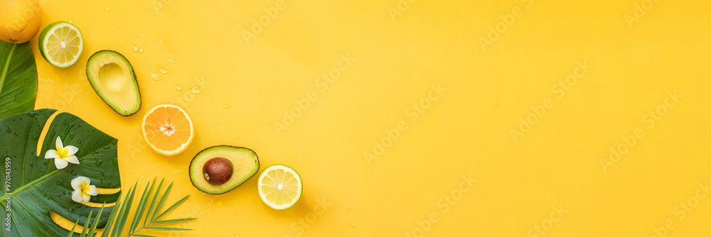 Fresh oranges and avocado in a vibrant concept. Cutted citrus fruit for healthy food Fresh oranges and avocado in a vibrant concept. Cutted citrus fruit for healthy food